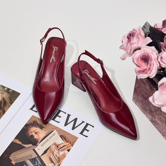 Women Slingback Wine Red Toe Block Heel Pump Low Heel Office Wedding Dress Shoes - Picture 4 of 7